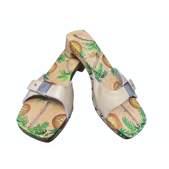 DR SCHOLLS Original Wood Exercise Sandal Leather Size 8M Pineapple Design Brazil - Picture 2 of 7